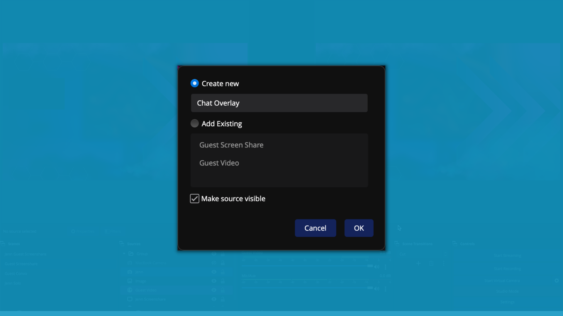 A modal dialog offers the choice to create new or add existing. "Create new" is selected, and the new scene is set to be named "Chat Overlay." A checkbox labeled "Make source visible" is checked.